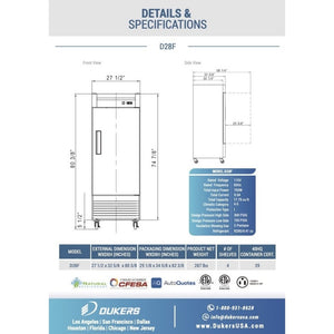 Dukers D28F, montaje inferior (1) congelador de una puerta, dimensiones: 27-1/2" x 32-5/8" x 80-3/8"
