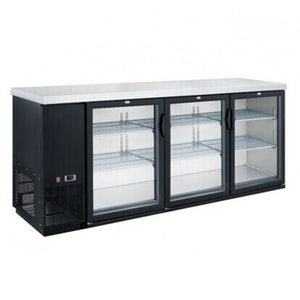 Dukers DBB72-H3, enfriador de barra trasera de tres puertas de 72", puerta de vidrio (puerta con bisagras) Dimensiones: 73" x 24" x 35"