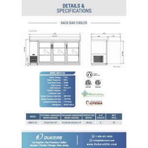 Dukers DBB72-H3, enfriador de barra trasera de tres puertas de 72", puerta de vidrio (puerta con bisagras) Dimensiones: 73" x 24" x 35"