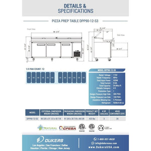 Dukers DPP90, mesa de preparación de pizza de 90", dimensiones: 90-¼" x 31-½" x 43-¼"