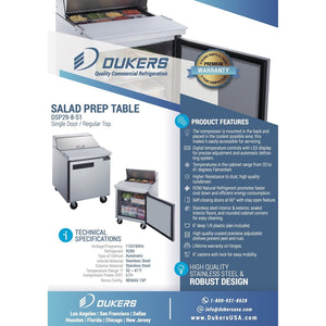 Dukers DSP29-8-S1, One Door 29" Salad/Sandwich Prep Table Refrigerator (Standard Top)