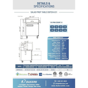 Dukers DSP29-8-S1, One Door 29" Salad/Sandwich Prep Table Refrigerator (Standard Top)