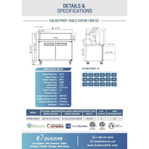 Dukers DSP48-18M-S2, mesa de preparación de ensaladas de dos puertas de 48" (Mega Top), dimensiones: 48" x 31½" x 45"