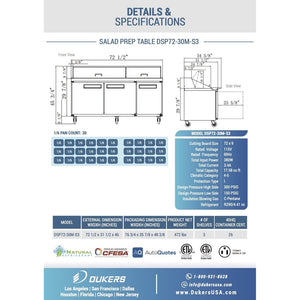 Dukers DSP72-30M-S3, mesa de preparación de ensalada de tres puertas de 72" (Mega Top), dimensiones: 48" x 31½" x 45"