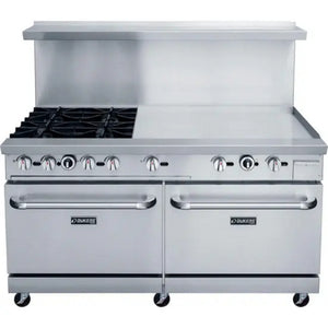 Dukers DCR60-4B36GM 60" Gas Range w/ Four Open Burners, 36" Griddle, (2) Standard Ovens