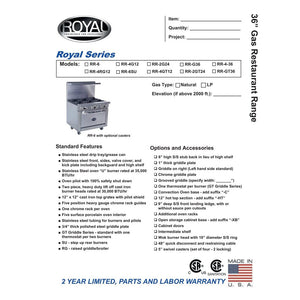 Royal RR-6, Four Burner Gas Range with Oven