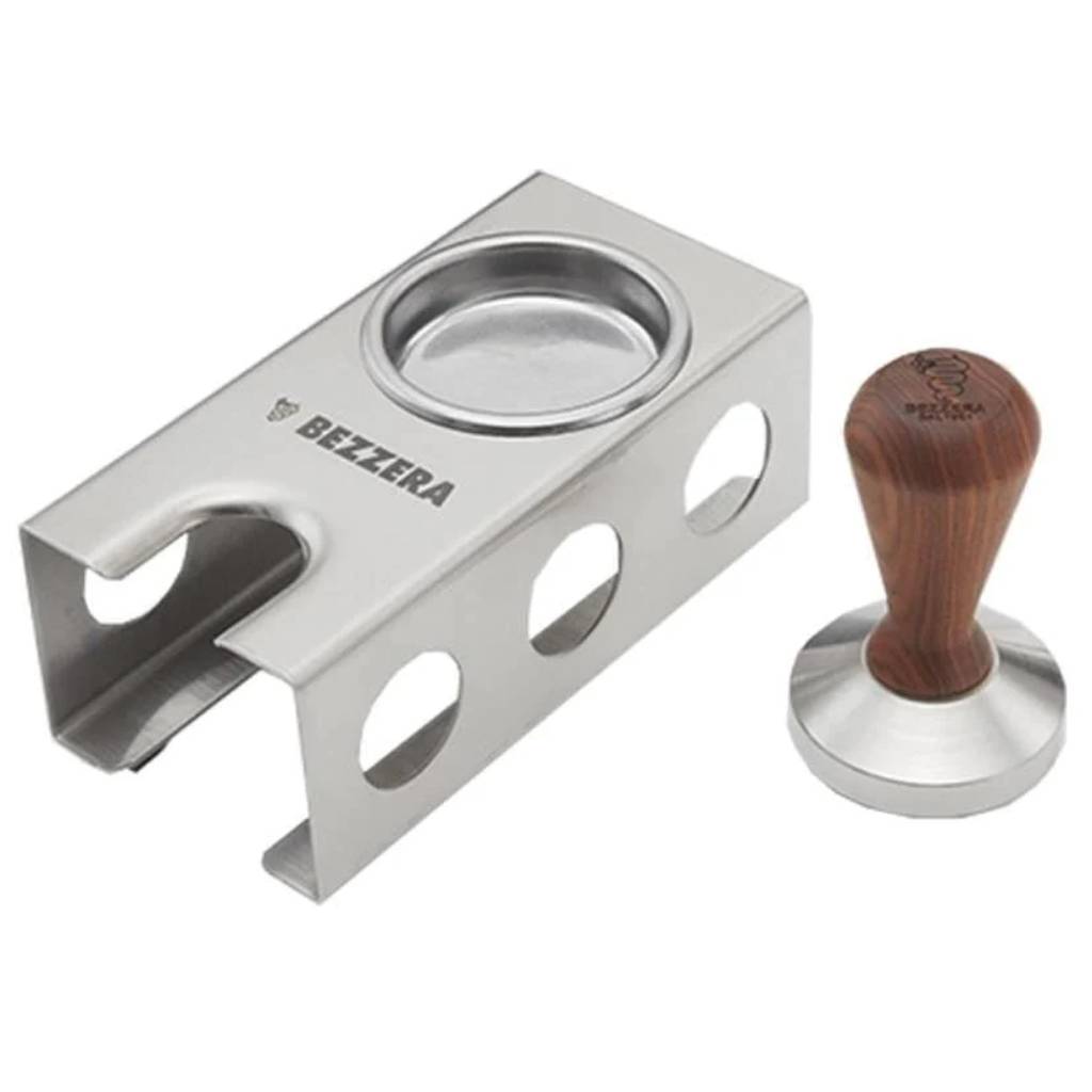 AMPTO 5963175 Bezzera Coffee Tamper, wooden handle, with station &amp; blind filter