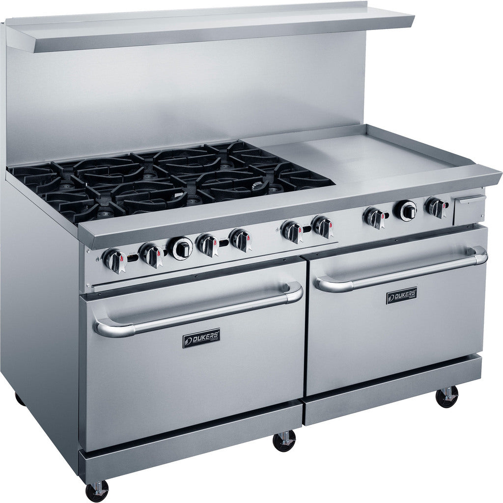 Dukers DCR60-6B24GM Gas Range w/ Six Burners, 24&quot; Griddle, (2) Standard Ovens, 324,000 BTU