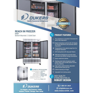 Dukers D55F, Two Solid Door 55.1" Reach-In Freezer, 40.7 cu. ft.