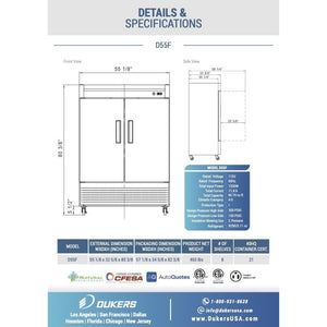 Dukers D55F, montaje inferior (2) congelador de dos puertas, dimensiones: 55-1/8" x 32-5/8" x 80-3/8"