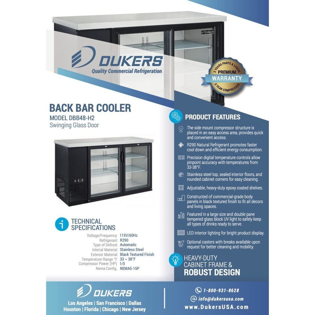 Dukers DBB48-H2, enfriador de barra trasera de dos puertas de 48&quot;, puerta de vidrio (puerta con bisagras), dimensiones: 49-¼&quot; x 24&quot; x 35&quot;