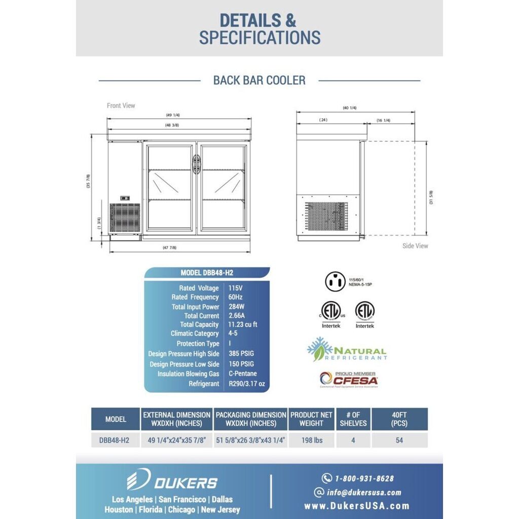 Dukers DBB48-H2, enfriador de barra trasera de dos puertas de 48&quot;, puerta de vidrio (puerta con bisagras), dimensiones: 49-¼&quot; x 24&quot; x 35&quot;