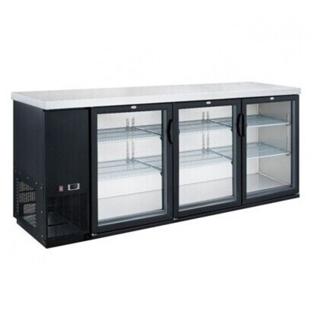 Dukers DBB72-H3, enfriador de barra trasera de tres puertas de 72&quot;, puerta de vidrio (puerta con bisagras) Dimensiones: 73&quot; x 24&quot; x 35&quot;