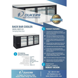 Dukers DBB72-H3, enfriador de barra trasera de tres puertas de 72", puerta de vidrio (puerta con bisagras) Dimensiones: 73" x 24" x 35"