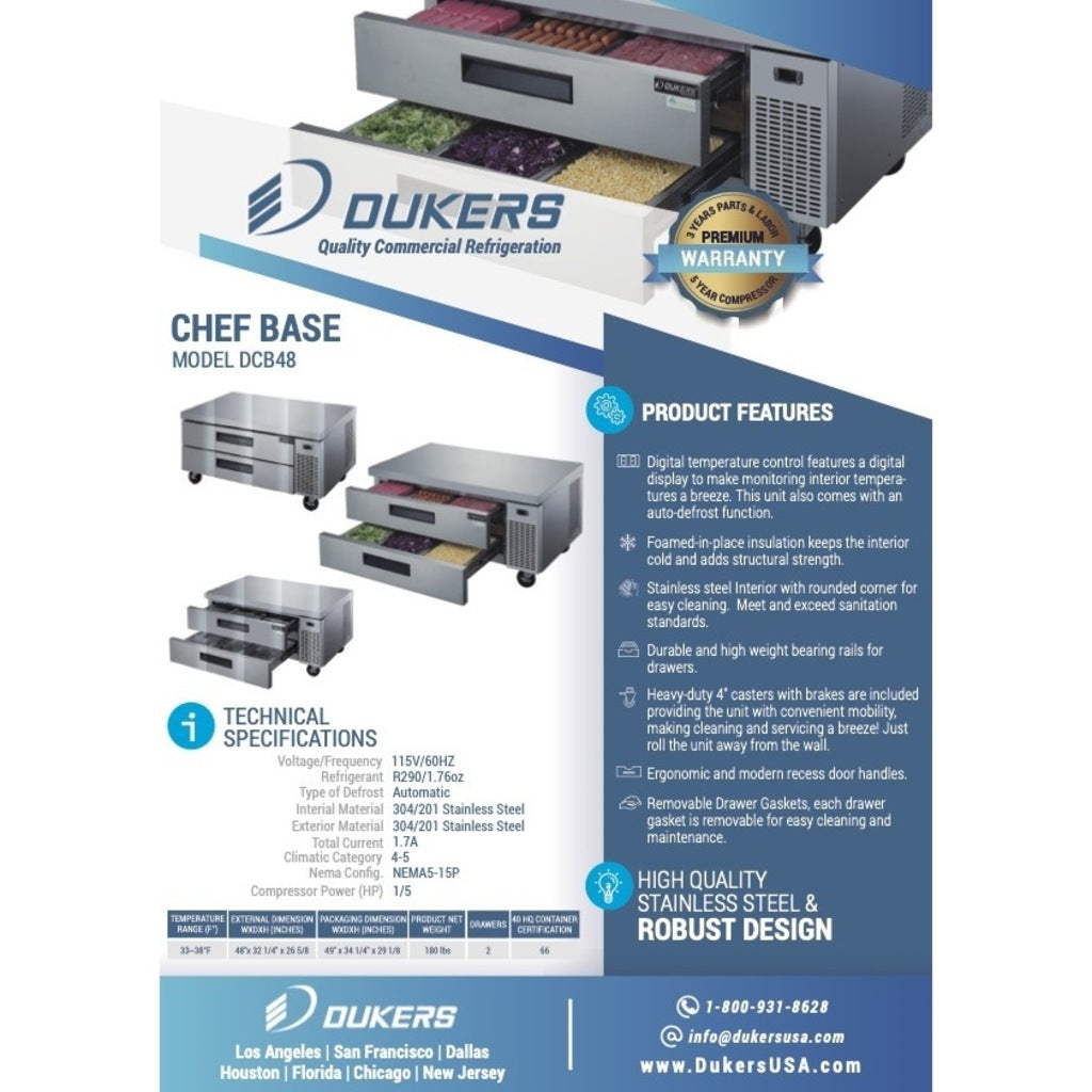 Dukers DCB48-D2, Refrigerador de dos cajones Chef Base, Dimensión: 48&quot; x 32-¼&quot; x 26&quot;