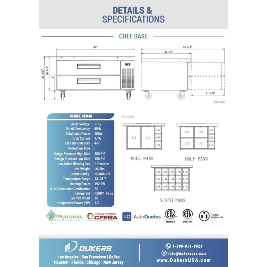 Dukers DCB48-D2, Refrigerador de dos cajones Chef Base, Dimensión: 48&quot; x 32-¼&quot; x 26&quot;