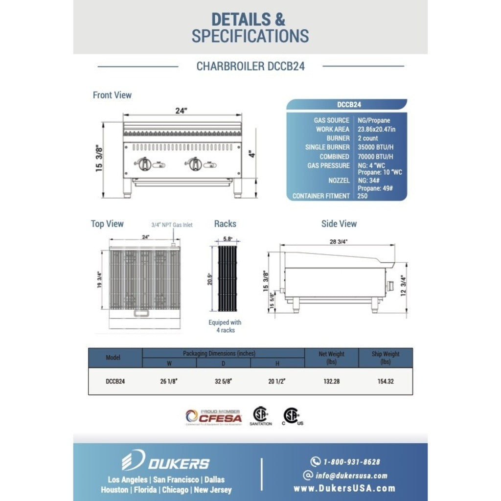 Dukers DCCB24 - Parrilla a gas para mostrador, servicio pesado, 24&quot; Dimensiones: 24&quot; x 28-3/4&quot; x 15-3/8&quot;