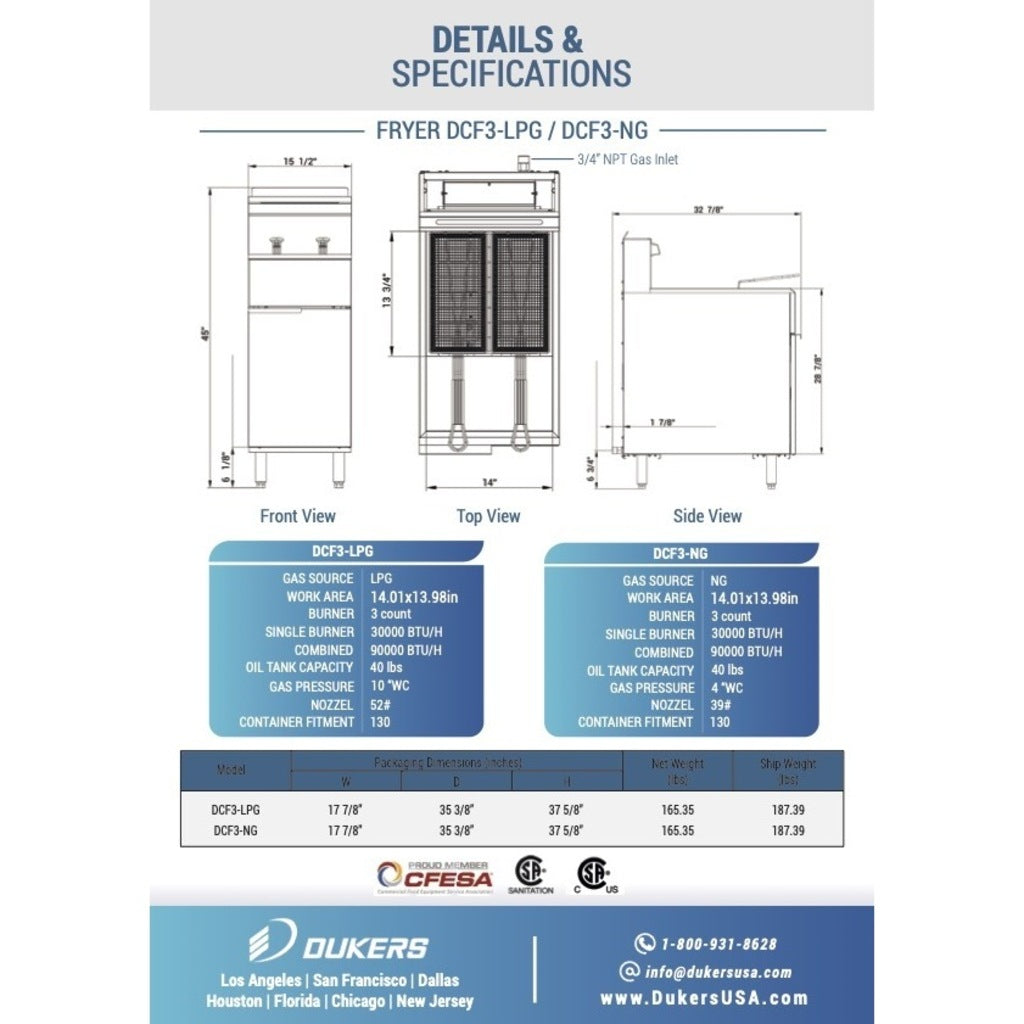 Dukers DCF3-NG Gas Fryer, Three Tube Burner, Natural Gas, 90,000 BTU, 40 lb. Capacity
