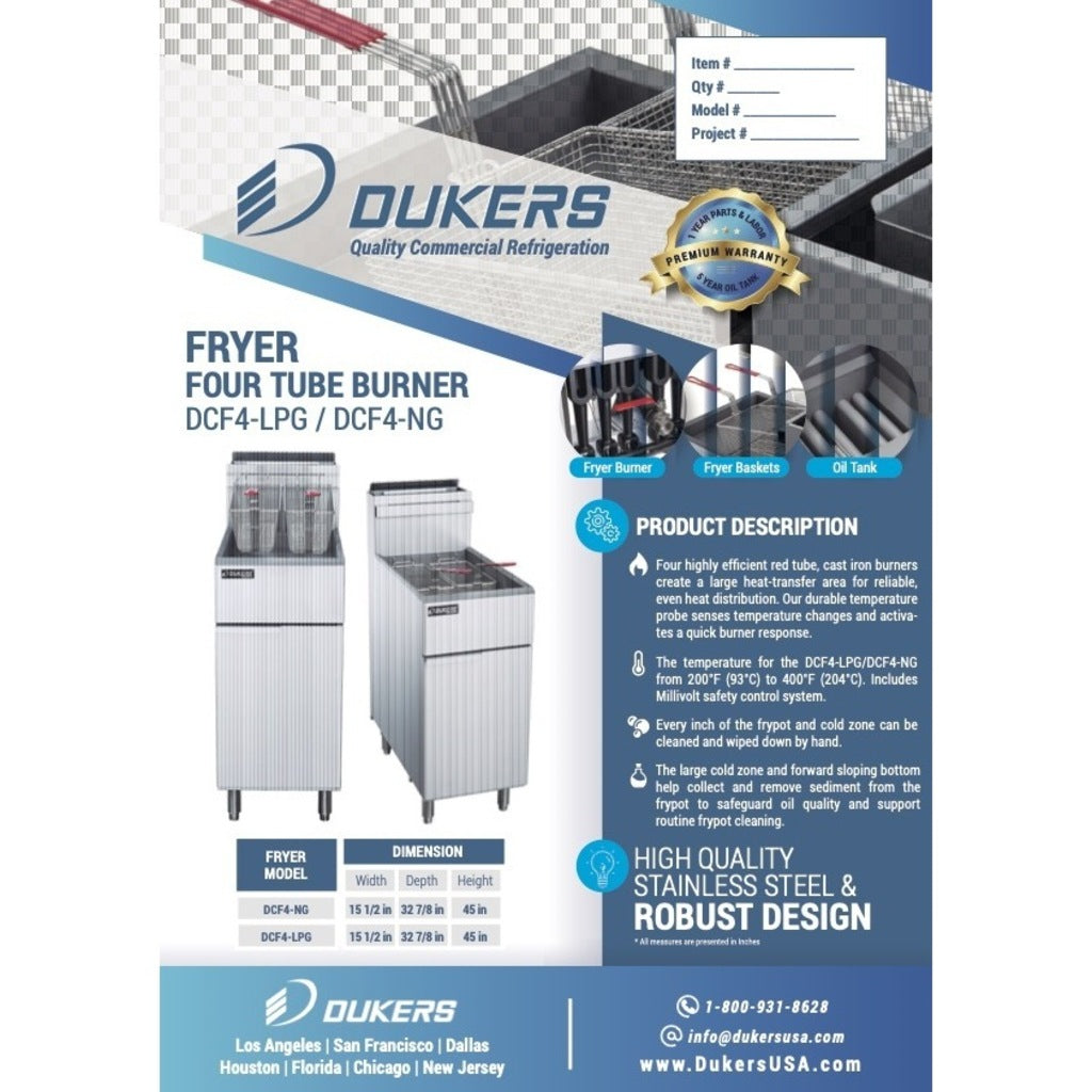 Dukers DCF4-NG Gas Fryer, Four Tube Burner, Natural Gas, 120,000 BTU, 50 lb. Capacity