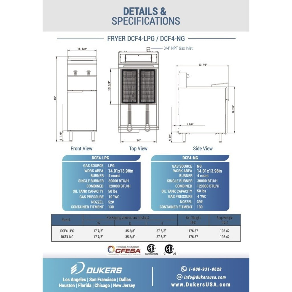 Dukers DCF4-NG Gas Fryer, Four Tube Burner, Natural Gas, 120,000 BTU, 50 lb. Capacity