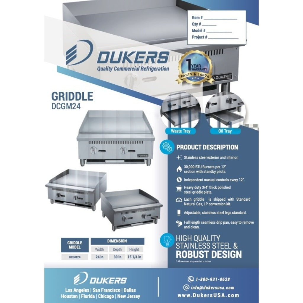 Dukers DCGM24 - Plancha de gas para encimera, resistente, 24&quot; (20&quot; de profundidad, 3/4&quot; de grosor) Dimensiones: 24&quot; x 30&quot; x 15-1/4&quot;