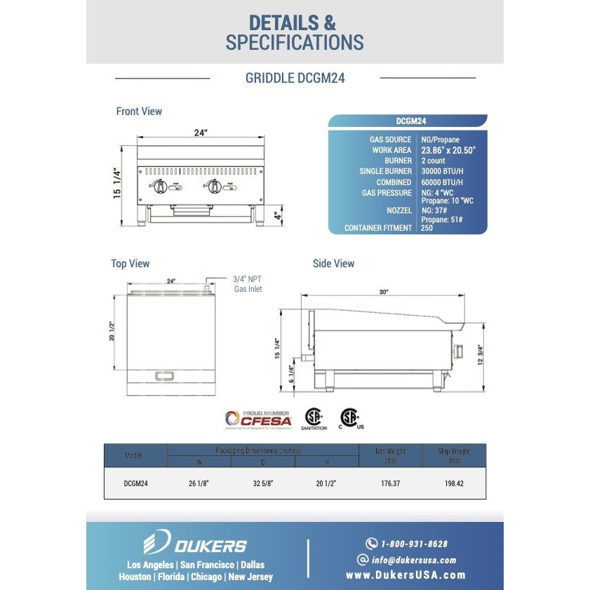 Dukers DCGM24 - Plancha de gas para encimera, resistente, 24&quot; (20&quot; de profundidad, 3/4&quot; de grosor) Dimensiones: 24&quot; x 30&quot; x 15-1/4&quot;