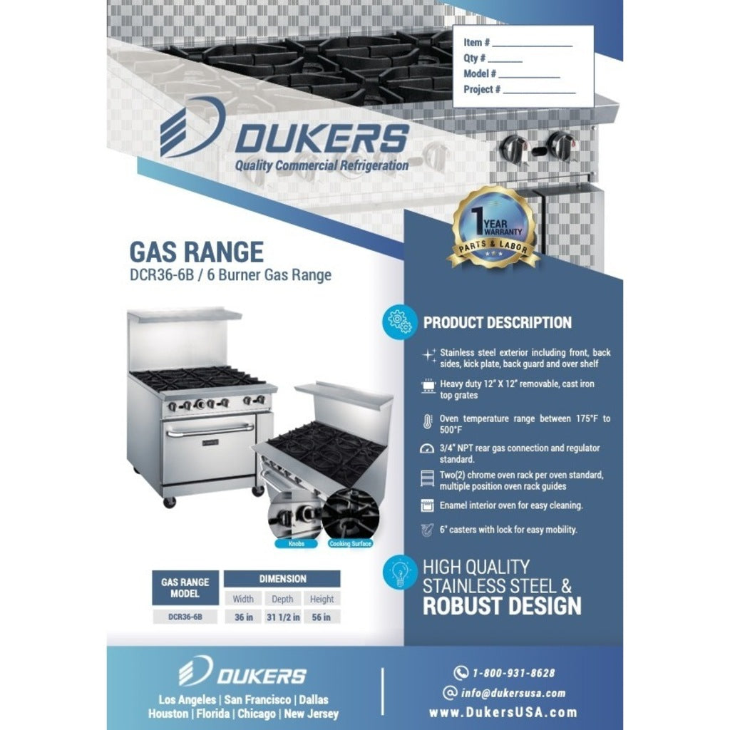 Dukers DCR36-6B Estufa de gas, 36&quot; con seis (6) quemadores abiertos, Dimensiones: 36&quot; x 31-1/2&quot; x 56&quot;