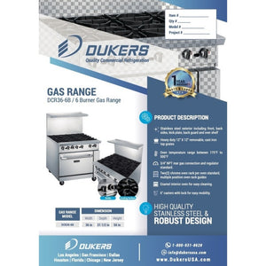 Dukers DCR36-6B Estufa de gas, 36" con seis (6) quemadores abiertos, Dimensiones: 36" x 31-1/2" x 56"