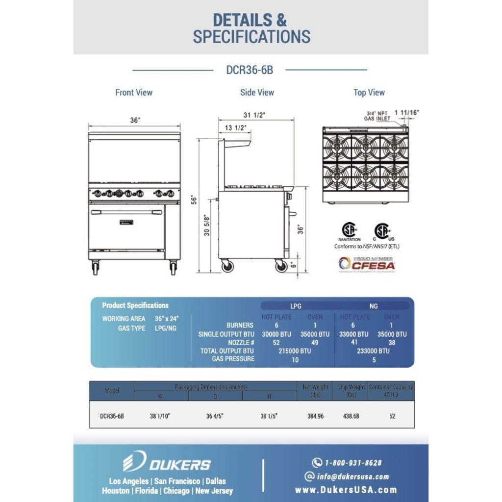 Dukers DCR36-6B Estufa de gas, 36&quot; con seis (6) quemadores abiertos, Dimensiones: 36&quot; x 31-1/2&quot; x 56&quot;