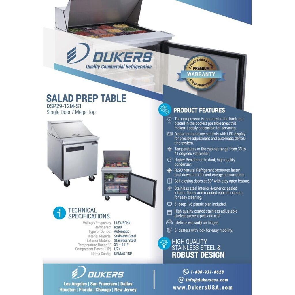 Dukers DSP29-12M-S1, One Door 29&quot; Salad/Sandwich Prep Table Refrigerator (Mega Top)