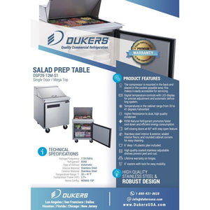 Dukers DSP29-12M-S1, mesa de preparación de ensalada de una puerta de 29" (Mega Top), dimensiones: 29" x 31½" x 45"