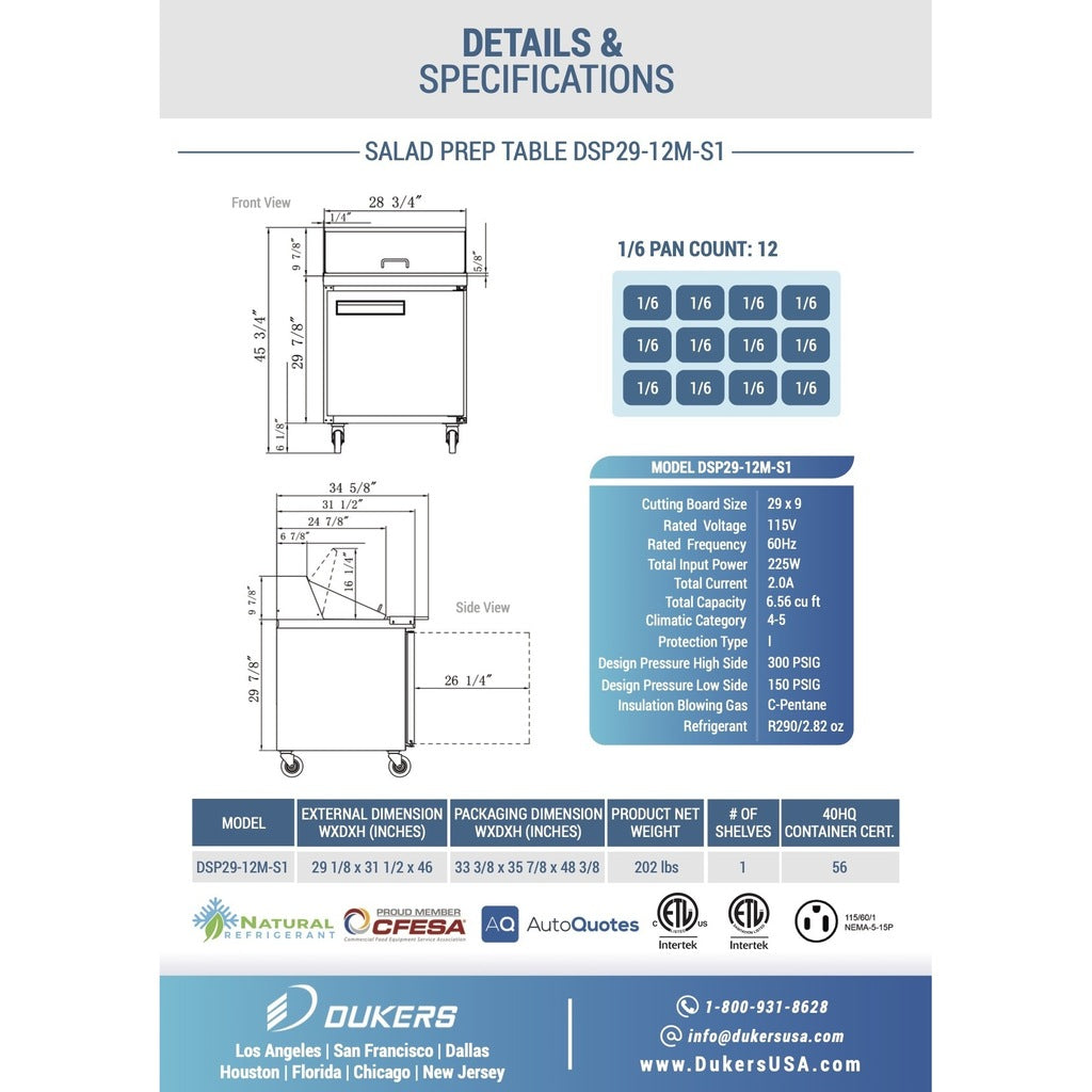 Dukers DSP29-12M-S1, One Door 29&quot; Salad/Sandwich Prep Table Refrigerator (Mega Top)