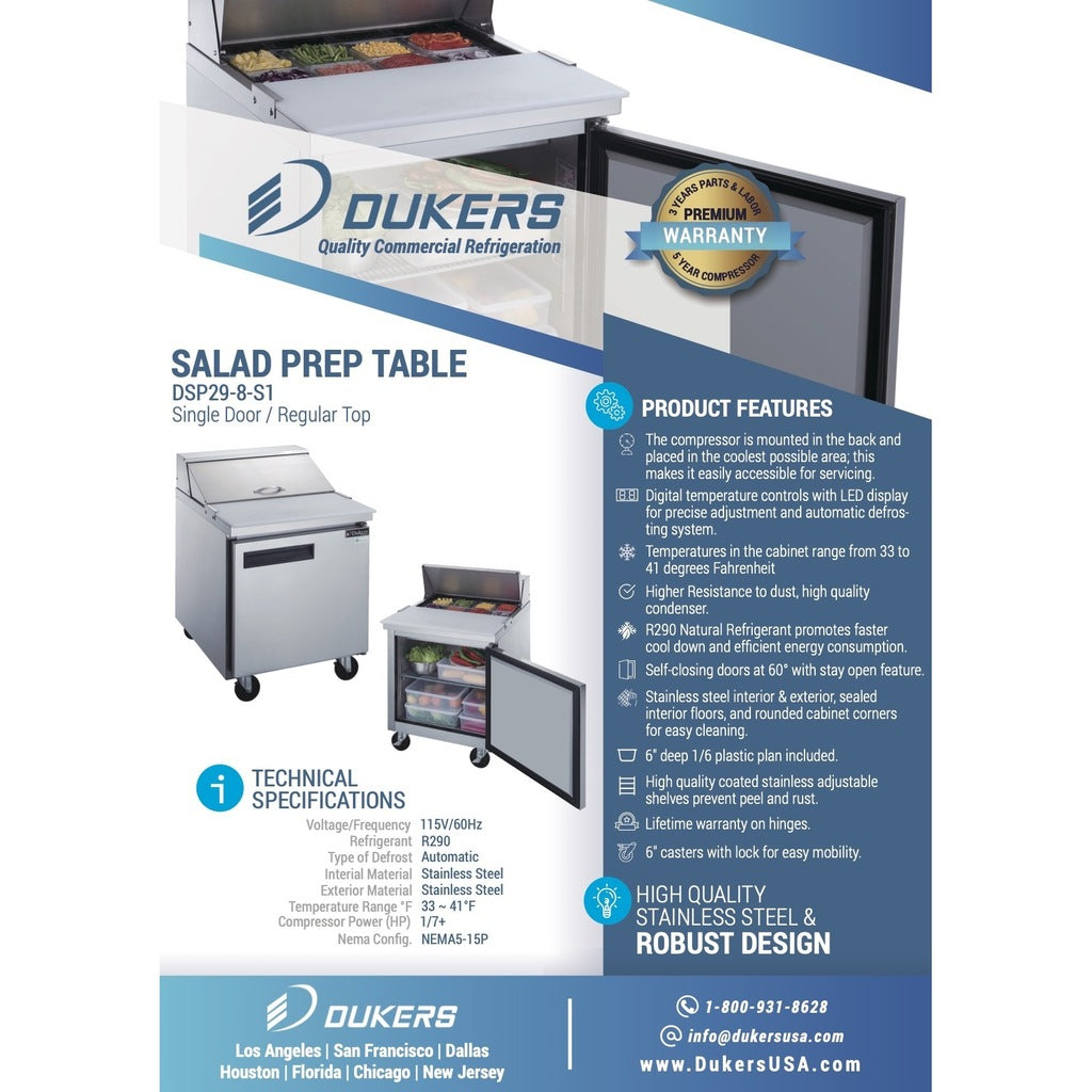 Dukers DSP29-8-S1, One Door 29&quot; Salad/Sandwich Prep Table Refrigerator (Standard Top)