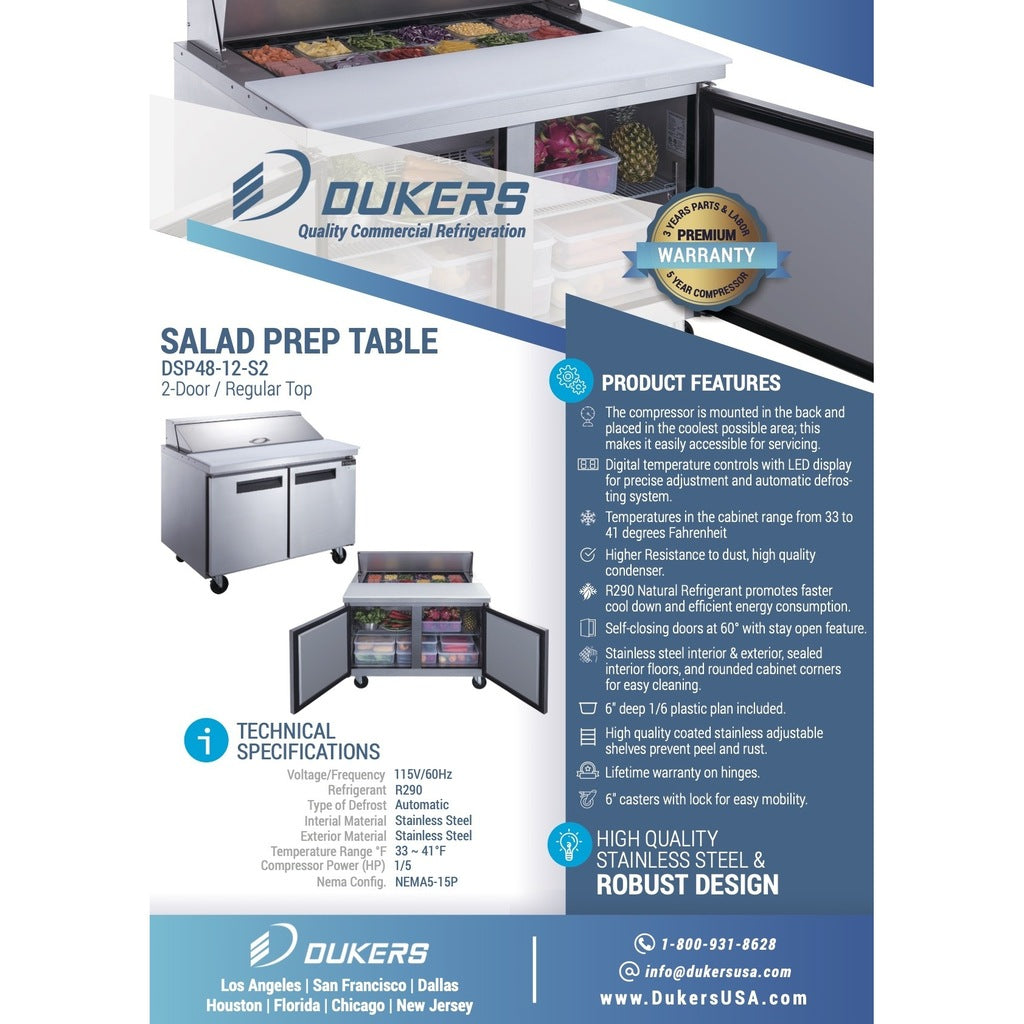 Dukers DSP48-12-S2, Two Door 48&quot; Salad/Sandwich Prep Table Refrigerator (Standard Top)