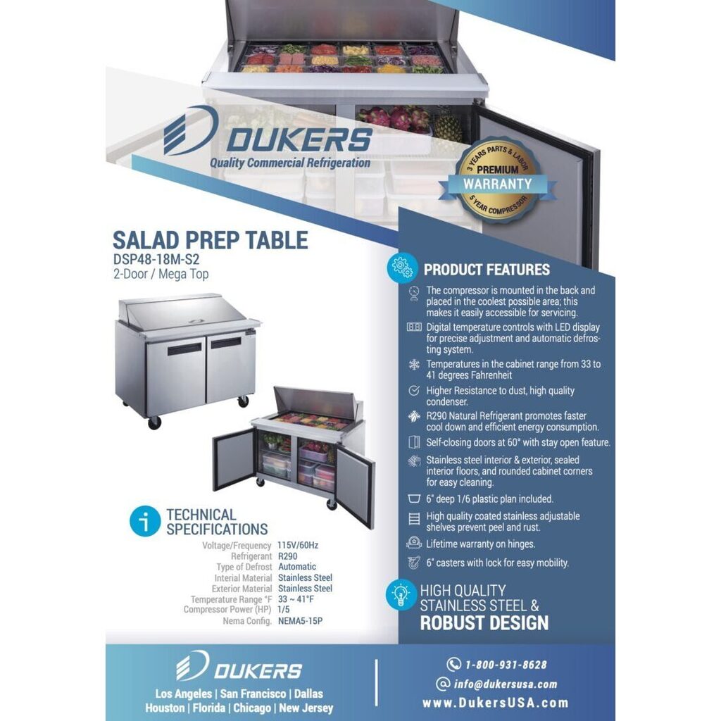 Dukers DSP48-18M-S2, Two Door 48&quot; Salad/Sandwich Prep Table Refrigerator (Mega Top)