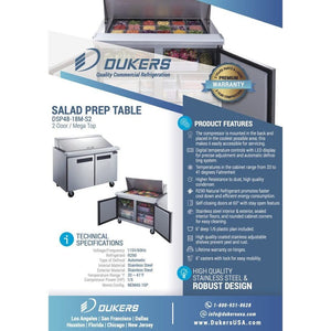 Dukers DSP48-18M-S2, mesa de preparación de ensaladas de dos puertas de 48" (Mega Top), dimensiones: 48" x 31½" x 45"