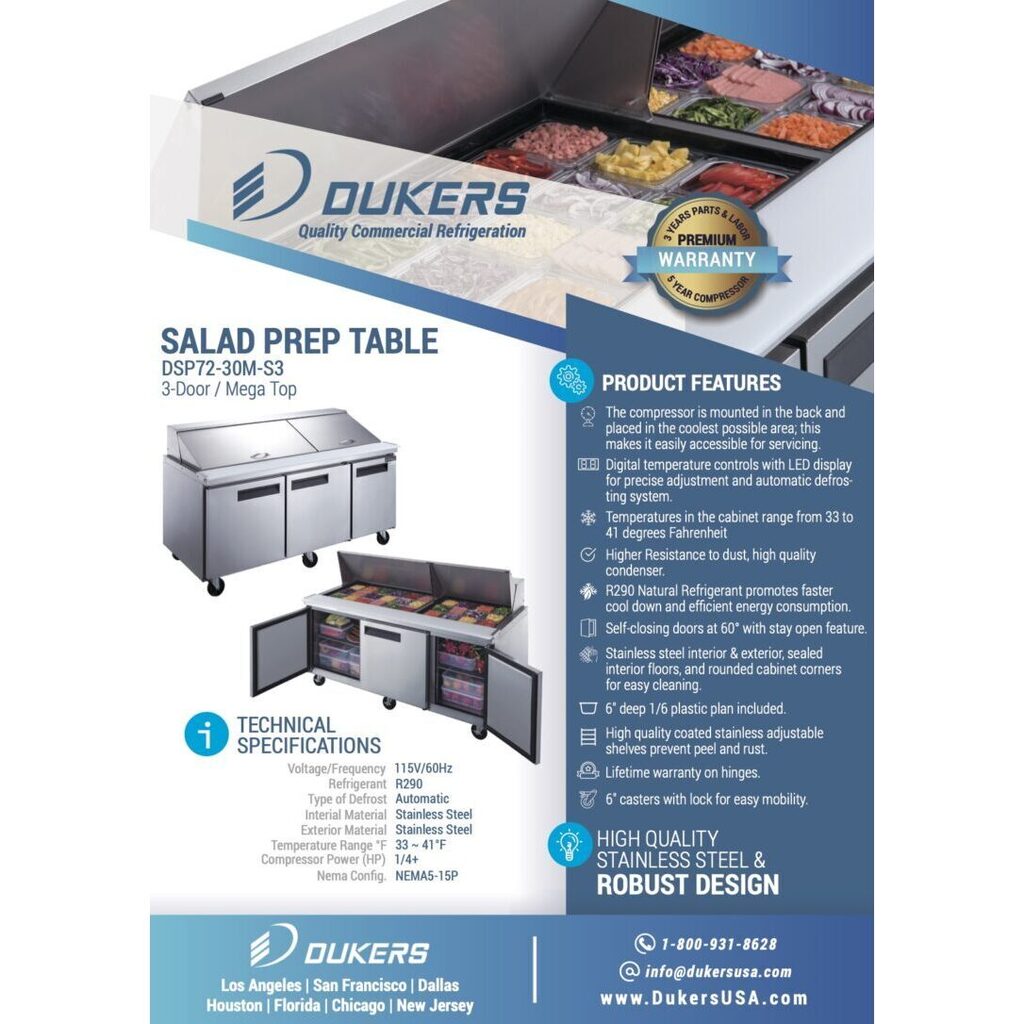 Dukers DSP72-30M-S3, Three Door 72&quot; Salad/Sandwich Prep Table Refrigerator (Mega Top)