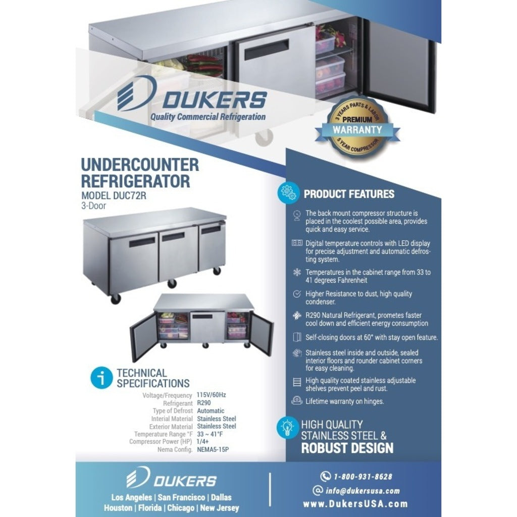 Dukers DUC72R, Three Door 72&quot; Undercounter Refrigerator, 18.9 cu.ft.