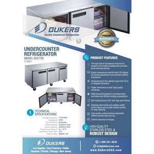 Dukers DUC72R, refrigerador de tres puertas de 72" para debajo del mostrador, dimensiones: 72-¼" x 31-½" x 35-¾"