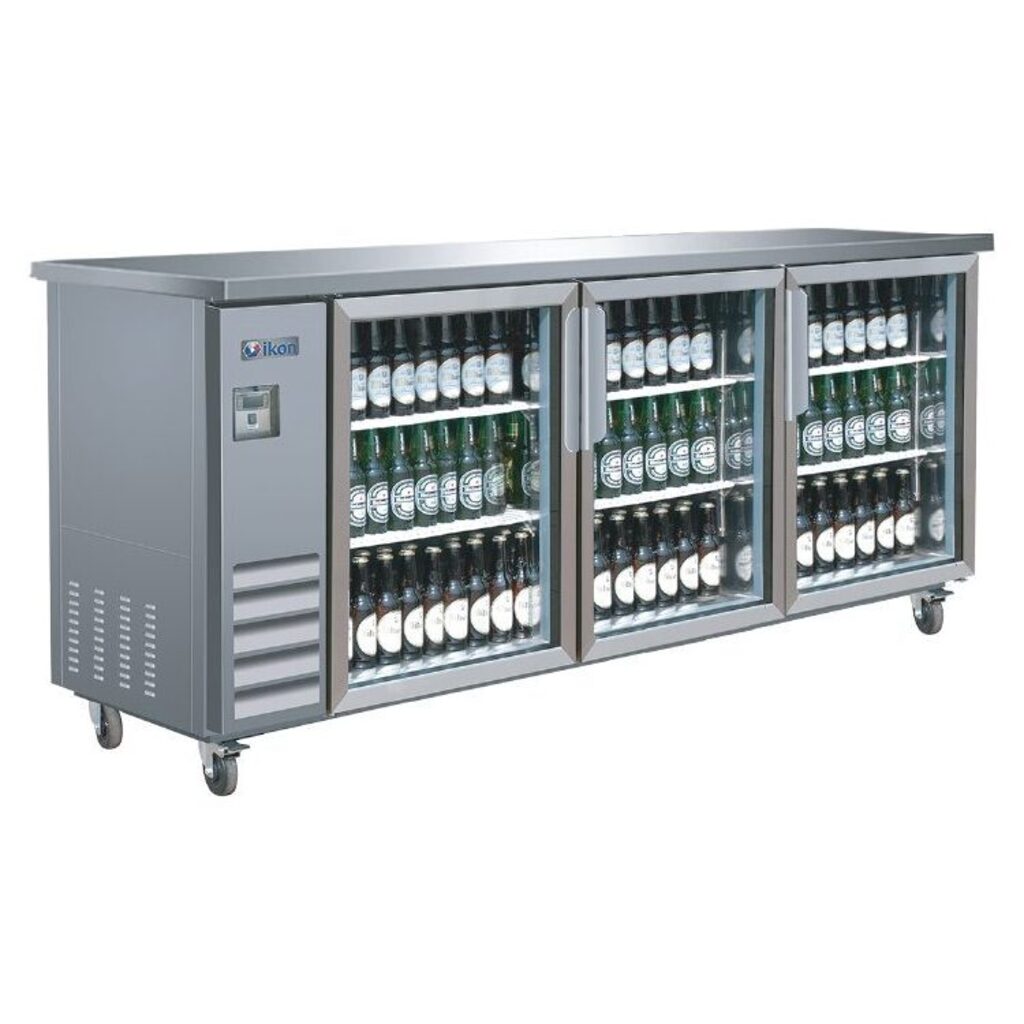 Ikon Refrigeration IBB73-3G-24SS, Three Door 73&quot; Refrigerated Back Bar Cooler, Glass Swing Door, Stainless Steel