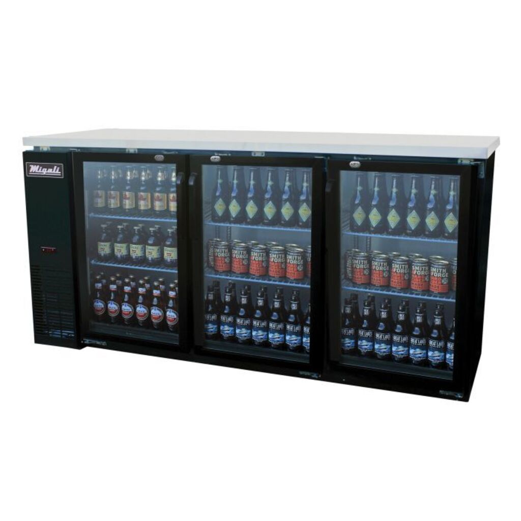 Migali C-BB72G-HC, Three Door 73&quot; Refrigerated Back Bar Cooler, Glass Swing Door