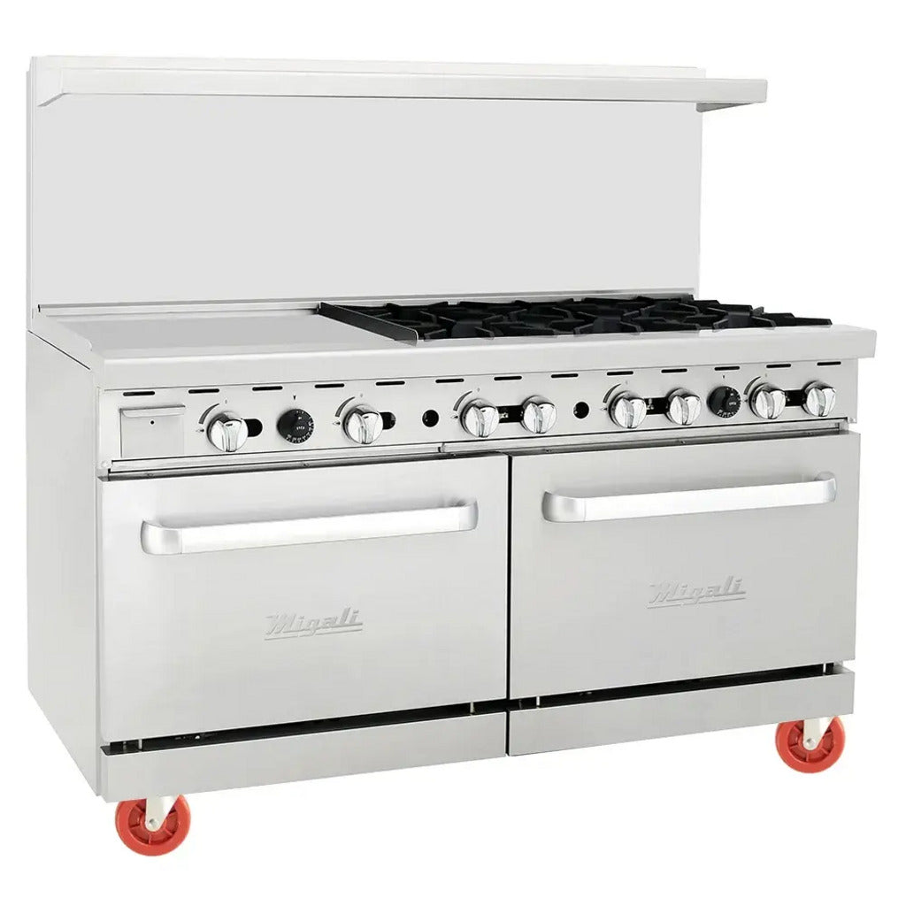 Migali C-RO6B-24GL-NG, 60" 6 Burner Gas Range w/ Griddle &amp; (2) Standard Ovens, Natural Gas