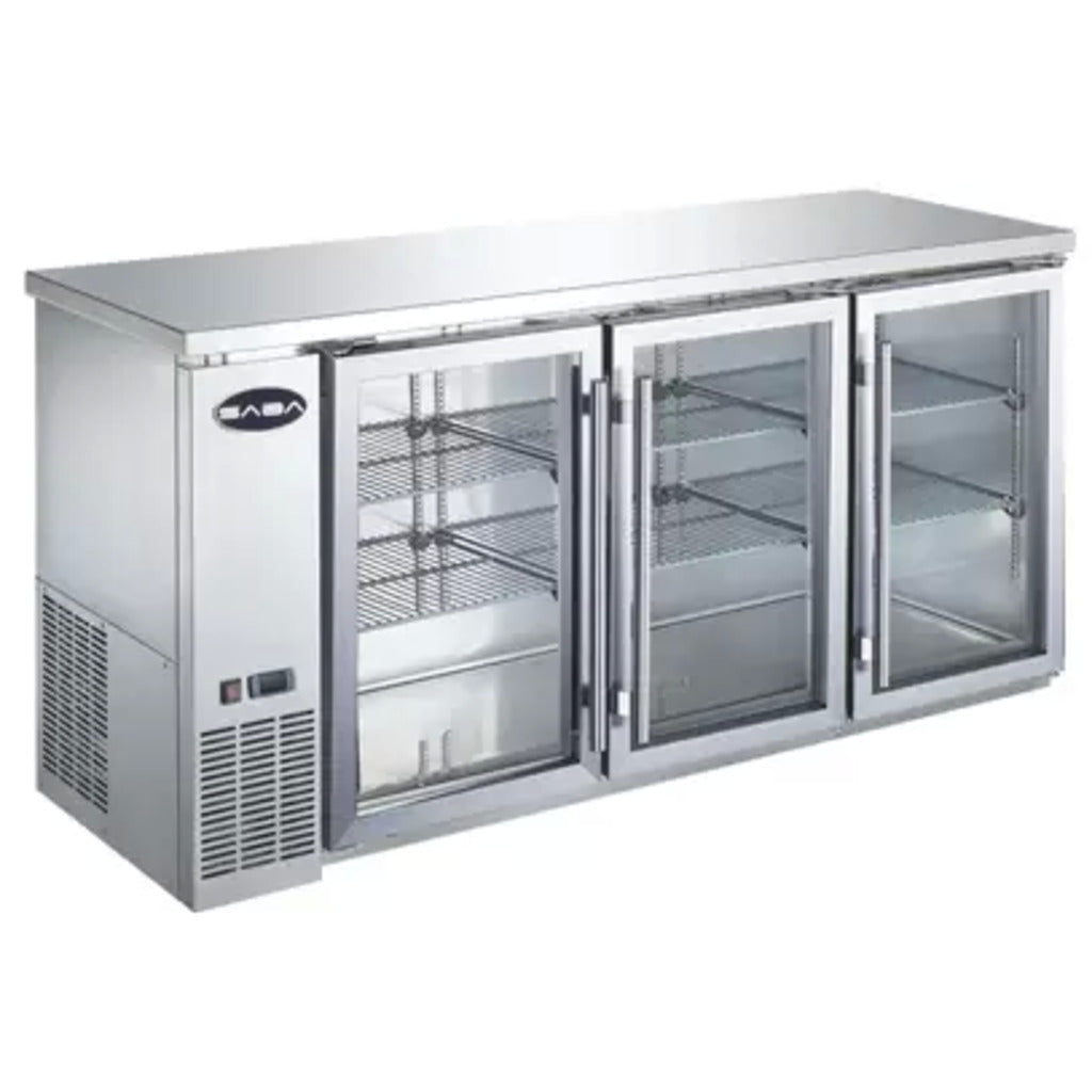 SABA SBB-24-72GSS, enfriador de barra trasera con tres puertas de vidrio de 72&quot; (S/S)