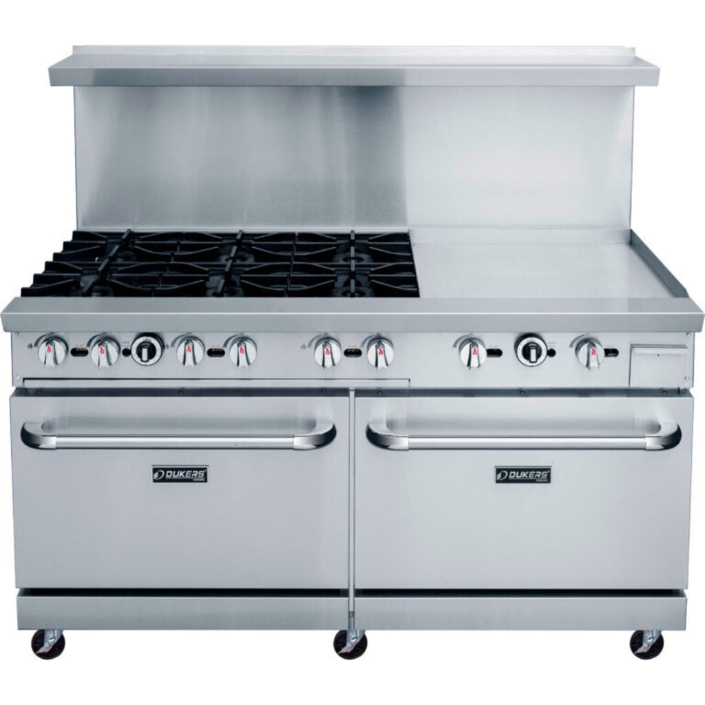Dukers DCR60-6B24GM Gas Range w/ Six Burners, 24&quot; Griddle, (2) Standard Ovens, 324,000 BTU