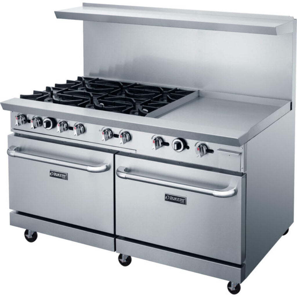 Dukers DCR60-6B24GM Gas Range w/ Six Burners, 24&quot; Griddle, (2) Standard Ovens, 324,000 BTU