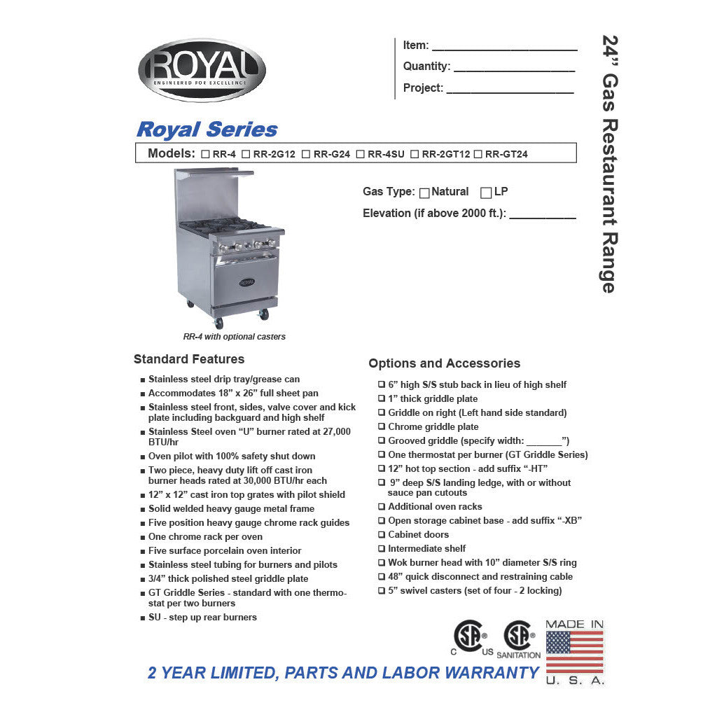 Royal RR-4, Four Burner Gas Range with Oven