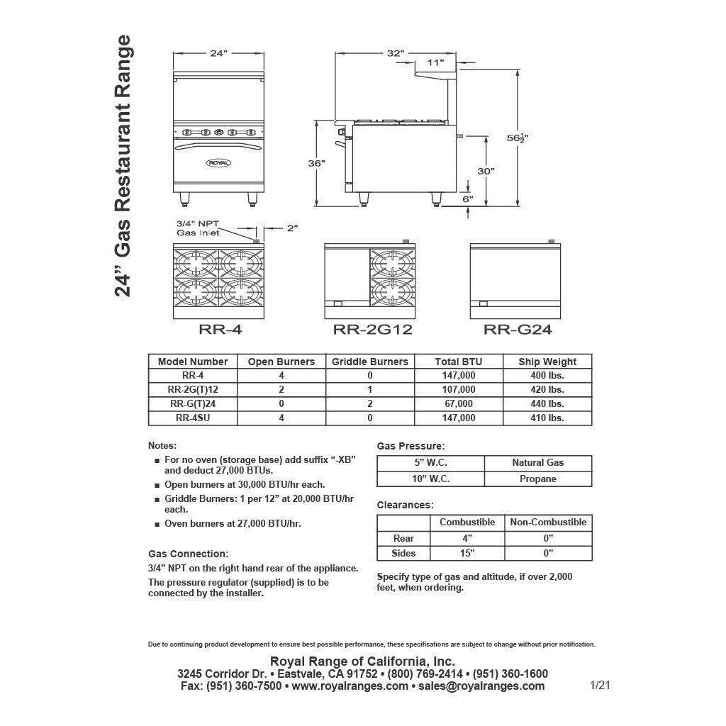 Royal RR-4, Four Burner Gas Range with Oven
