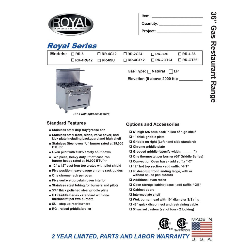 Royal RR-6, Four Burner Gas Range with Oven