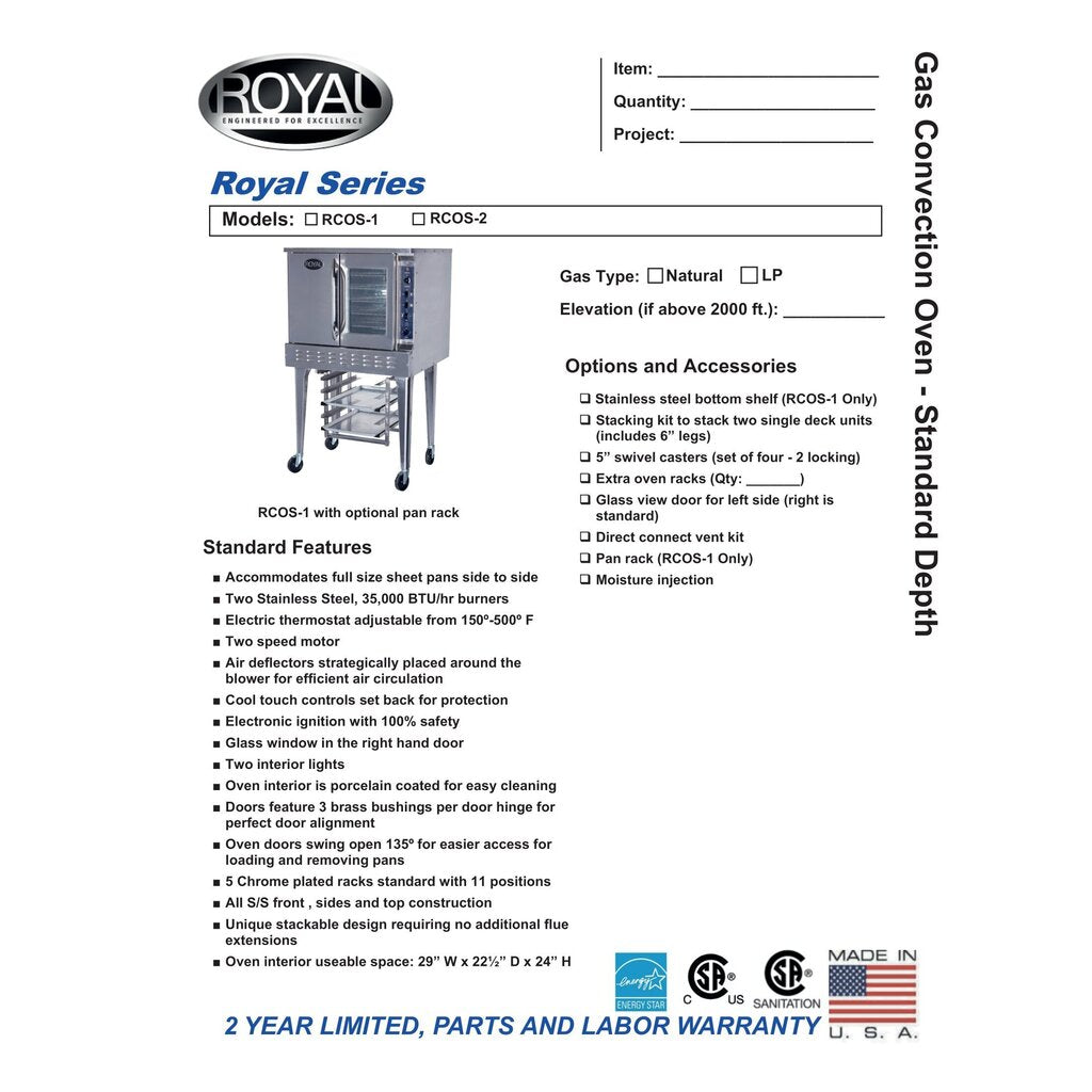 Royal RCOS-1 Single Deck Gas Convection Oven - Standard Depth