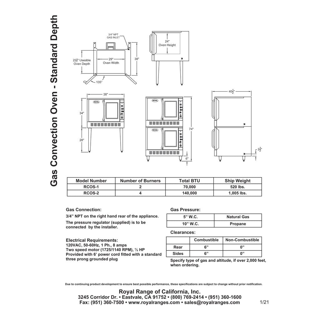 Royal RCOS-1 Single Deck Gas Convection Oven - Standard Depth